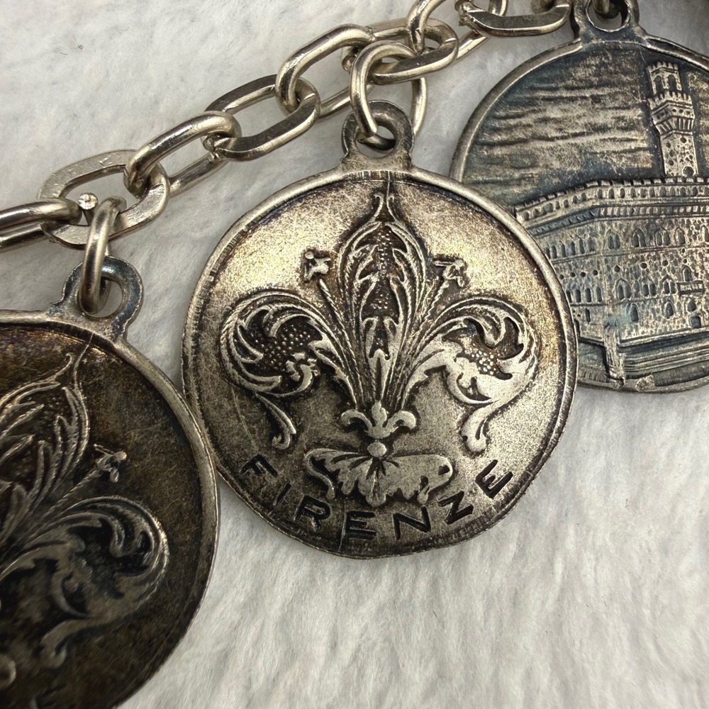 Vintage Coin Necklace Silver Tone Fleur de Lis Architecture 27 Inch